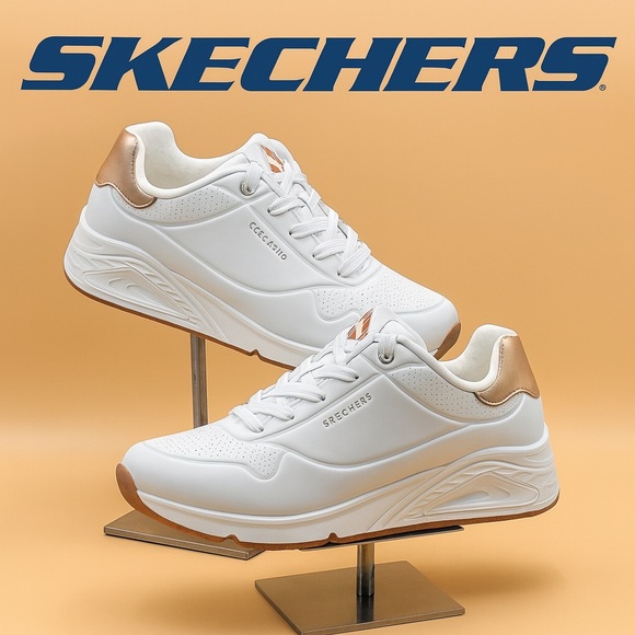 New Skechers Women’s Juno Level Player White Gold Sneakers 8.5 - Picture 1 of 7